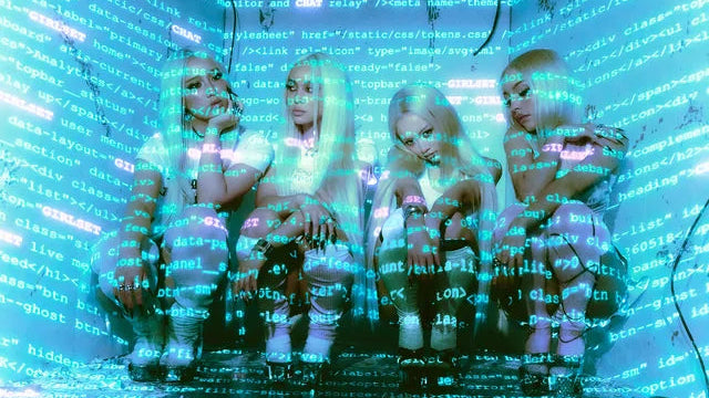 Four women sitting in a dimly lit room with a cyan digital matrix-style code overlay across the entire scene.