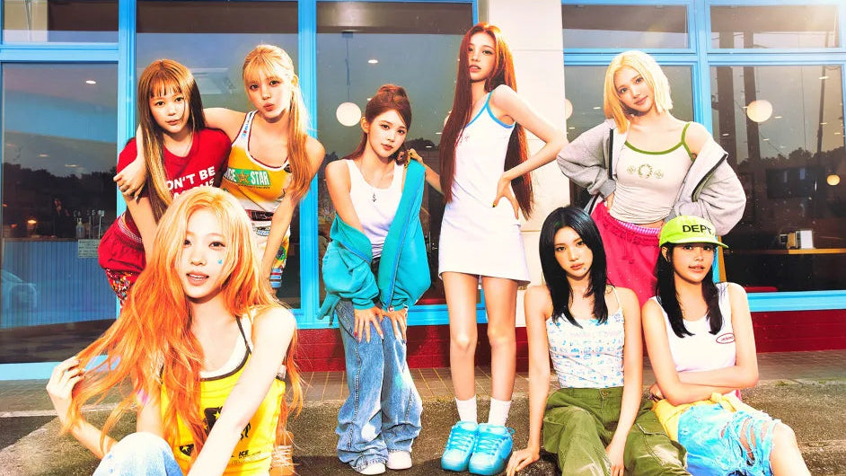 Eight young women posing together in front of a building with blue-framed windows, wearing colorful casual streetwear outfits.